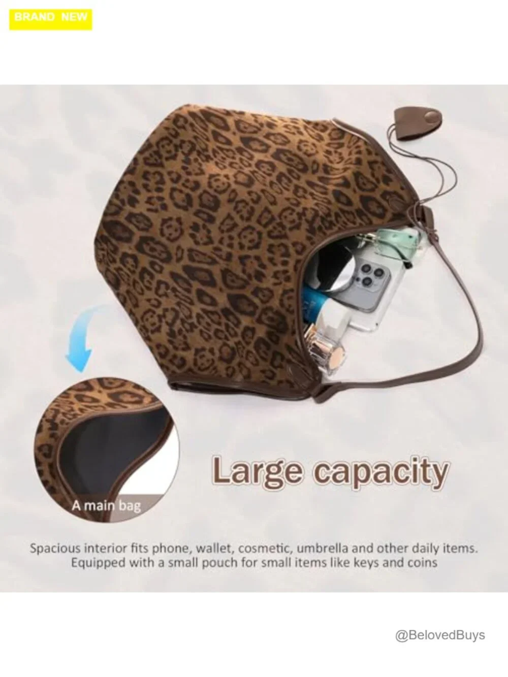 Faux Suede Leather Leopard Tote Bag for Women Large Capacity Hobo Purse with - Picture 4 of 7